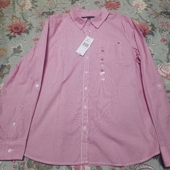 Tommy Hilfiger Striped Women's Button Up Top Red/White Size XL New With Tags - Picture 1 of 8